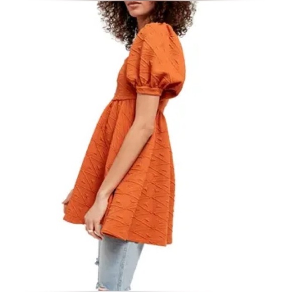 FREE PEOPLE Babydoll SUNSET Sz Large Back Cut Out Bow PUFF Sleeves A-line Dress - Picture 4 of 16